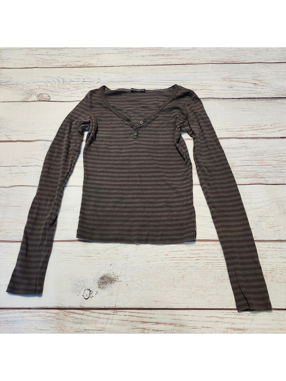 Brandy Melville Brown Striped Long Sleeve Henley Shirt